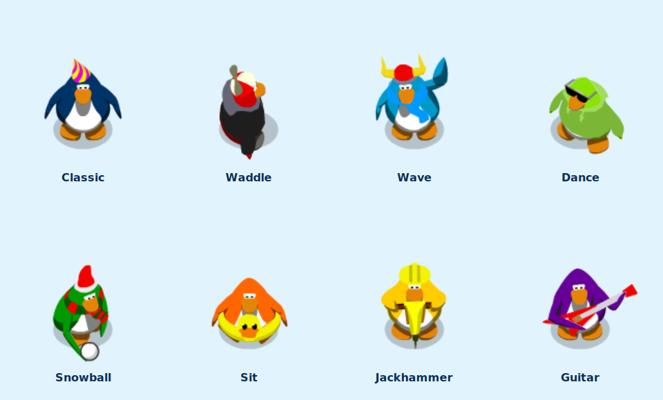 Actual desktop pet previews: classic, waddle, wave, dance, snowball, sit, jackhammer and guitar animations.